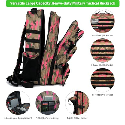 Military Tactical Backpack 55L for Men & Women Bug Out Bag Assault pack Molle Daypack Hiking Trekking Rucksack (Pink camouflage) - color: Pink Camouflage