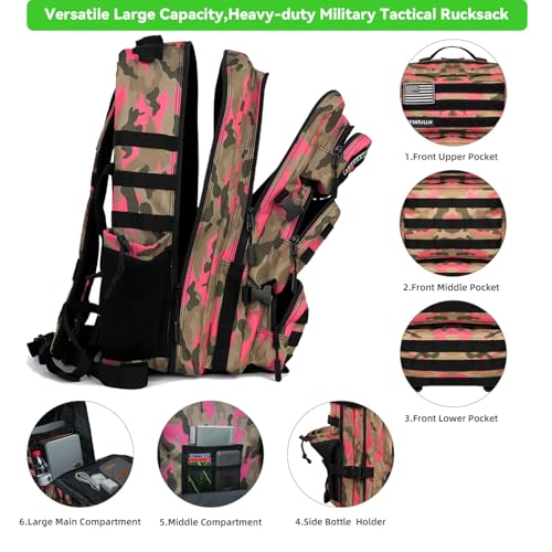 Military Tactical Backpack 55L for Men & Women Bug Out Bag Assault pack Molle Daypack Hiking Trekking Rucksack (Pink camouflage) - color: Pink Camouflage