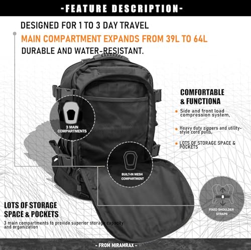 Miramrax Tactical Backpack Military Hiking Daypack - Molle Backpack for Men 3 Day Assault Pack Bug Out Bag for Camping Travel Army Hunting Gym Rucksack Survival (Black) - color: Black