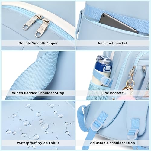 Backpack for Girls with Accessories Laptop Bookbags 16 Inch Kawaii Kids Elementary Middle High School Bag College Travel Daypack Gifts for Teens Women Students (Blue) - color: Blue