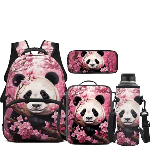 JEOCODY Girls School Bag for Kids Cute Cherry Blossom Panda Backpack and Lunch Box Set with Pencil Case and Water Bottle Holder Set of 4 School Daypack for Travel Hiking Back to School Accessories - color: Cherry Blossom Panda