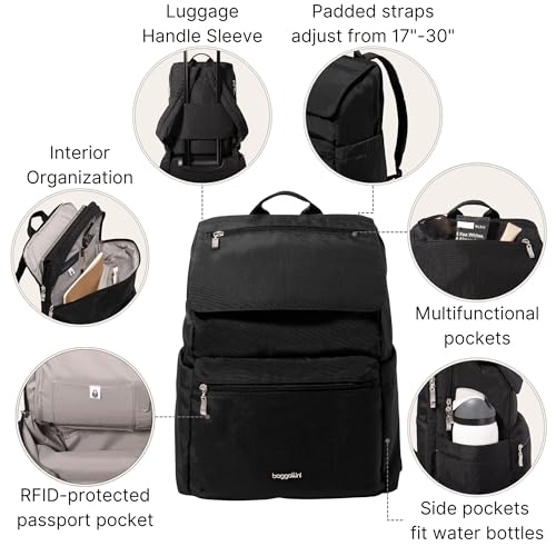 Baggallini Flap Laptop Backpack - 15"x11" Lightweight Work Travel Bag w/Luggage Sleeve & RFID - color: Black