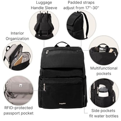Baggallini Flap Laptop Backpack - 15"x11" Lightweight Work Travel Bag w/Luggage Sleeve & RFID - color: Black