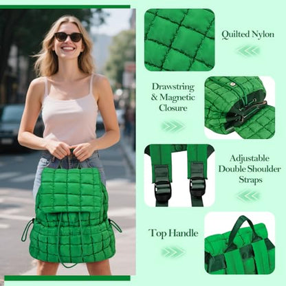 Quilted Puffer Backpack for Women Lightweight Soft Puffy Backpack Purse Casual Daily Drawstring Flap Daypack (Dark Green) - color: Dark Green