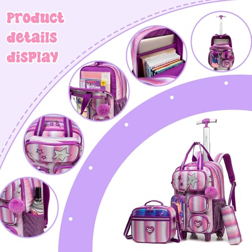 Kids Rolling Backpack with Wheels for Girls Elementary Students Kids Travel Luggage Carry on School Backpack for Girls Ages 6-8 - color: A Stripe
