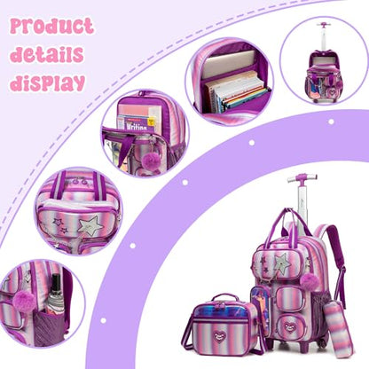 Kids Rolling Backpack with Wheels for Girls Elementary Students Kids Travel Luggage Carry on School Backpack for Girls Ages 6-8 - color: A Stripe