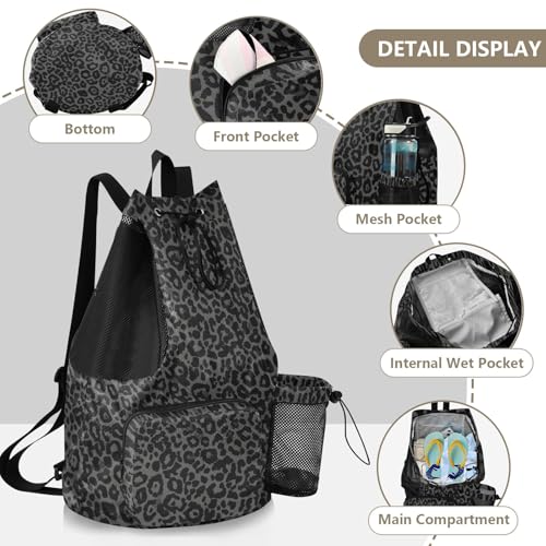 Bolaz Beach Drawstring Backpack Mesh Swim Bag for Women Men Gray Leopard Cheetah Swimming Gym with Wet Pocket Packable Sports - color: Gray Leopard Cheetah
