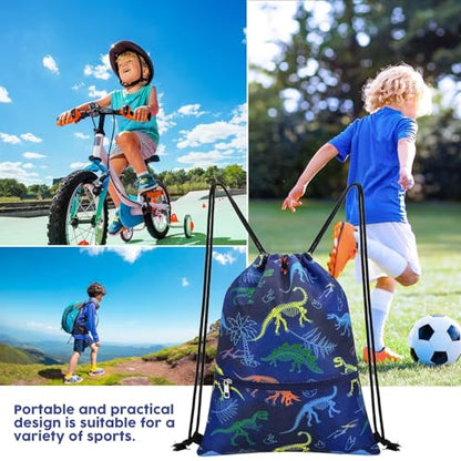 WAWASAM Kids Drawstring Backpack, Gym Swim Bag Cinch Bag for Girls Boys with Zipper Pocket - color: Dinosuar E