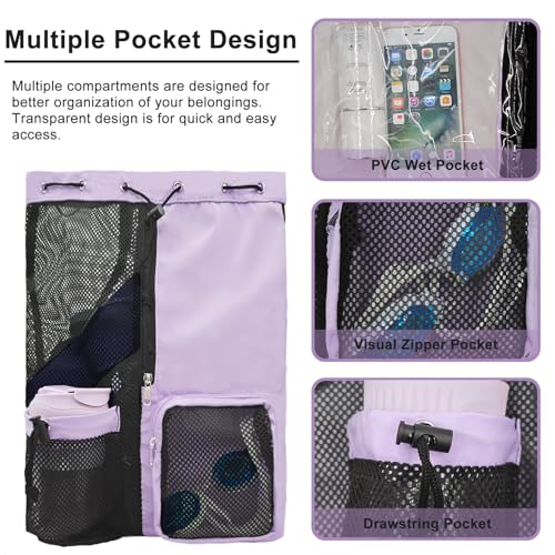 Mesh Beach Backpack with Wet Pocket Drawstring Pool Bag Waterproof Swimming Bag Gym Backpack for Men & Women - color: Purple