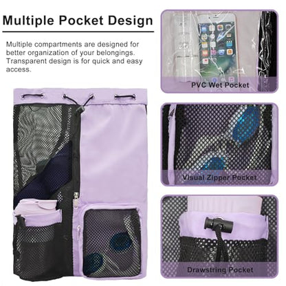 Mesh Beach Backpack with Wet Pocket Drawstring Pool Bag Waterproof Swimming Bag Gym Backpack for Men & Women - color: Purple