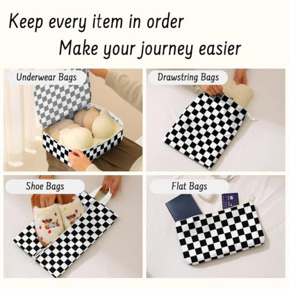 9 Set Packing Cubes for Travel Essentials - Lightweight Carry-On Luggage Organizer Bags with Shoe, Clothes & Laundry Bags for Airplane, Family & Business Travel, Black checkered - color: Black checkered