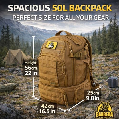 Tactical Backpack 50L, Military MOLLE Backpack, Large Capacity 3 Day Assault Pack, Heavy Duty Water Resistant Rucksack for Hiking, Camping, Travel, Survival, Bug Out Bag (Coyote Brown) - color: Coyote Brown, size: 50 L