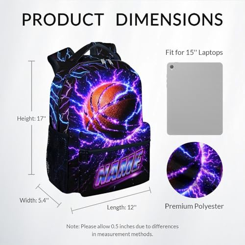 Personalized Kids School Backpacks Boys Basketball Backpack with Name, 17 Inch Custom Sport Bookbag for Teens Youth Team Players - color: Purple