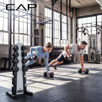 CAP Rubber Coated Hex Dumbbell Set with Storage Rack | 100–210 lb Options, Space-Saving Vertical Compact Storage for Home Gym Strength Training - size: 210 lb - Set - Silver Rack, style: 12-Sided Black Handle