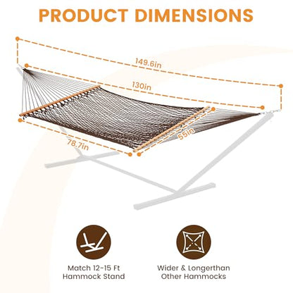 Lazy Daze Hammocks Double Rope Hammock, 2 Person Traditional Outdoor Hand Woven Cotton Rope Hammock with Spreader Bar, Carabiners, Tree Straps, Chains for Patio Yard - Max 450 Lbs, Dark Brown - color: Dark Brown