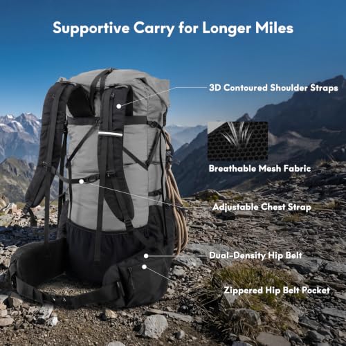 Haimont 40L+15L Roll-Top Backpacking Pack with Rain Cover, Grey | Expandable 55L, Hip Belt Support, Sleeping Pad Carry, Pole Attachments, YKK & Duraflex - color: Grey