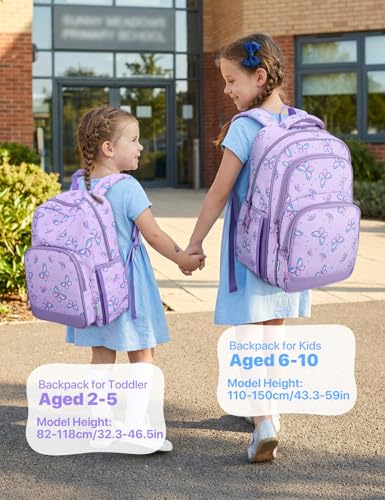 VASCHY Kids Backpacks, 12L Toddler & 17.5L School Backpacks, Lightweight Water-Resistant for Boys and Girls Ages 3-12 - color: Purple Flutter-s, size: Small