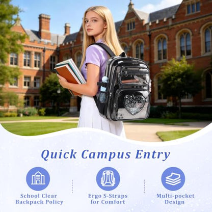 Clear Backpack for School Girls, Cute Heavy Duty PVC Transparent Bookbag, See-Through Bag for Stadium Event Semi-Black - color: Semi-black
