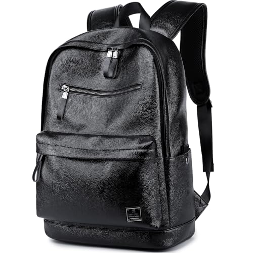 weiatas Black Leather Laptop Backpack for Men Women Work Travel, College School Backpack Casual Daypack fits 15.6 Inch