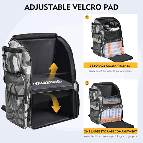 MGB 46L Water-resistant Fishing Tackle Backpack with Rod Holders - color: Grey+black Camo（without Tackle Box）