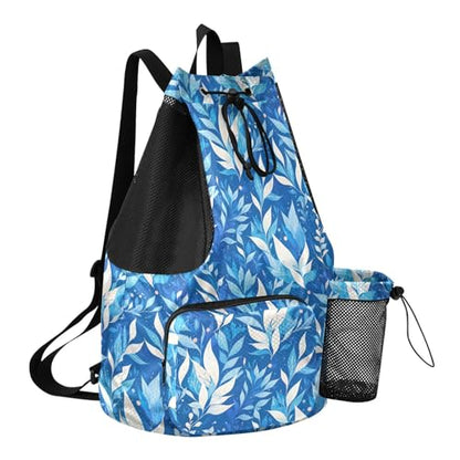 Yuiboo Light Blue Leaves Women Mens Drawstring Backpack Gym Sackpack with Water Bottle Pocket String Swim Bag Dry Wet Separation