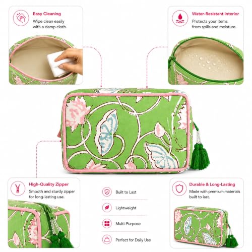 Huar Travel Makeup Bag- Large Capacity Cosmetic Bags for Women - color: Lime & Pink Floral