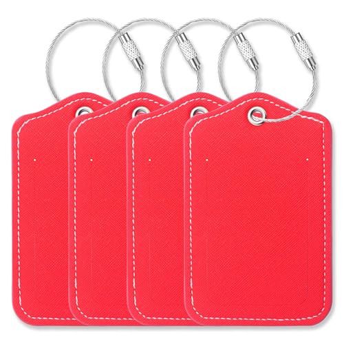 Luggage Tags for Suitcases-Leather Luggage Tag 4 Pack with Loops Cute Bag/Backpack/Suitcase Tags Travel Essentials for Flying (Red) - color: Red
