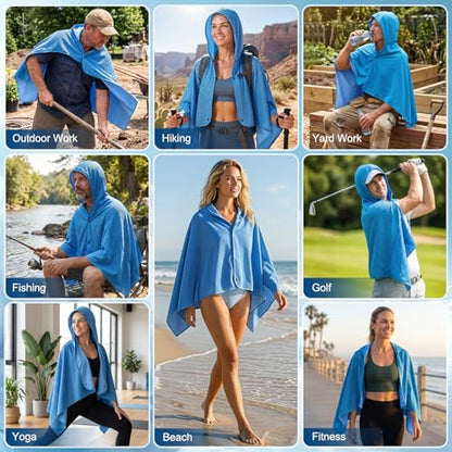 Cooling Hooded Beach Towel Cloak for Men Women - Double Layer PVA Fabric Cool Towel Cape, Instant Cooling Soft Ice Towelfor Beach Yoga Camping (Blue) - color: Blue