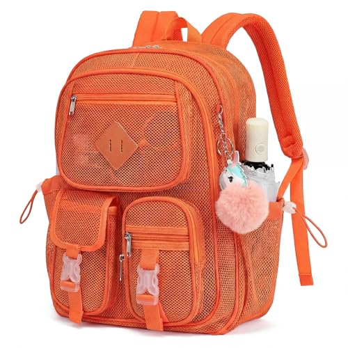 Mesh Backpack for Girls Boys, Heavy Duty Semi-Transparent Mesh Bookbag Womens Mens Mesh Backpacks for School, Sports, Beach, Swimming, Travel - Orange - color: Orange
