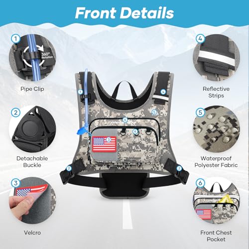 Maelstrom Hydration Vest with 2L Water Bladder Backpack for Running Hiking | Chest Pack, BPA-free, High Flow Bite, Reflective Stripe, Helmet Buckle, Detachable, Breathable Pad, for Cycling, Marathon - color: Camo