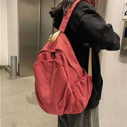 Women's canvas bag, men's and women's large capacity leisure backpack, men's and women's travel backpack (Red,One Size) - color: Red