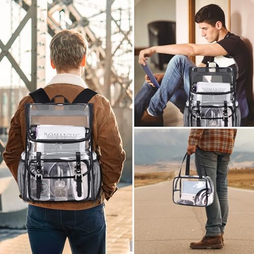 DIGOBAY Clear Backpack with Lunch Bag Set, Leather Clear Backpack Heavy Duty Thick PVC Bookbag Large See Through Transparent Backpacks with Support Pad for Women Men College Work Black - color: Black