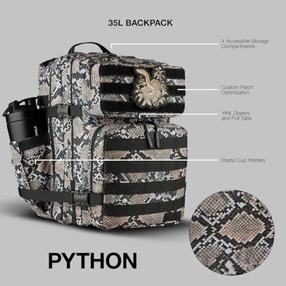 WOLFpak 35L Athletic Gym Backpack (Python) - Durable 1000D Waterproof Oxford Material with MOLLE Webbing, Laptop Pocket & Dual Cup Holders, Durable Fitness/Travel/Military Daypack - color: Python