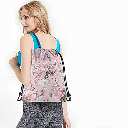 Pink Floral Print Polyester Drawstring Backpack, Unisex, 14x16.9 Inch, Modern Style, Soft Shell, Rectangular Shape, Shoulder Strap, Waterproof, Perfect for Travel, Work, School, Gym - color: Multi-a94