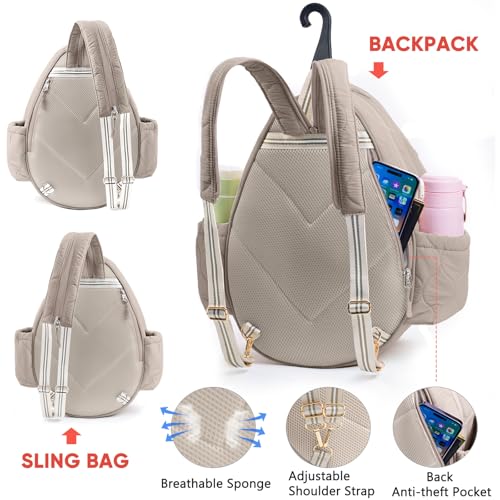Quilted Tennis Bag for Women – Tennis Backpack & Crossbody Sling | Holds 2 Rackets or 3 Pickleball Paddles | Lightweight Badminton Racket Bag, Tennis Tote & Sports Backpack - color: Sand Beige