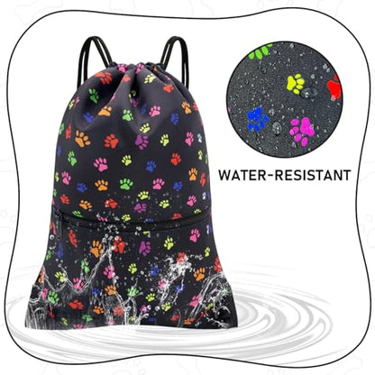HOLYLUCK Drawstring Backpack Bag Sport Gym Sackpack - color: Black Dog Paw Prin