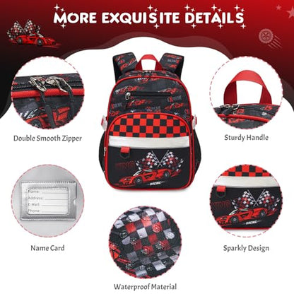 3PCS Boys Backpack Ages 5-8 with Lunch Bag & Pencil Case, Toddler School Backpack for Kids Boys - 15inch Backpack Boy Bookbag for Preschool Kindergarten Elementary School - color: Racing Cars