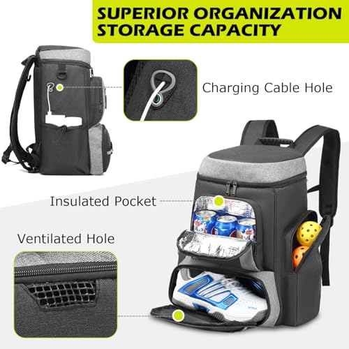 HAMBOLY Premium Pickleball Bag for Men & Women — Large Pickleball Backpack with Padded Paddle Pocket & Shoe Compartment, Tournament Ready with Insulated Cooler & Fence Hook - color: Dark Grey + Light Grey