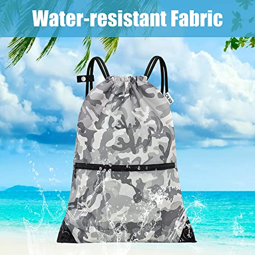 draw string back bag, Large Gym Sports string backpack for men and women with front zipper pocket and inside zipper pocket to keep key or phone (Grey camo) - color: Grey Camo, style: Drawstring With Front Pocket
