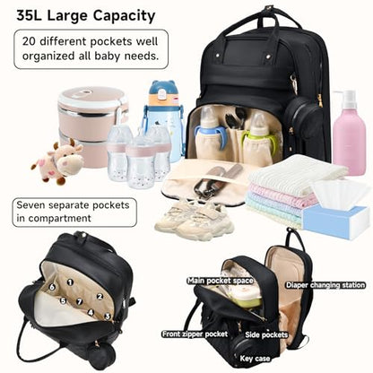 ANWTOTU Leather Baby Diaper Bags with Changing Station,Extra large Capacity Baby Diaper Bag Backpack,Waterproof Baby Essentials(Black) - color: Black-l