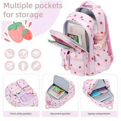 AO ALI VICTORY Backpack for Girls with Lunch Bag Kids School Bags for Elementary Middle School Students Cute Bookbag (strawberry) - color: Strawberry