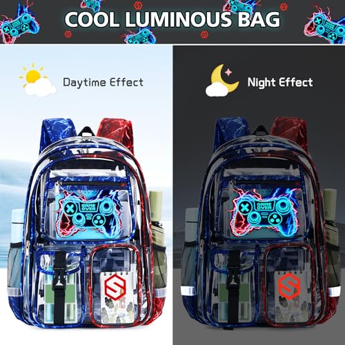 DIGOBAY 3PCS Cool Luminous Clear Backpack for Boys Kids, Gamer Clear Bookbag for School, See Through PVC Transparent Backpacks with Lunch Bag Pencil Case, Backpack Heavy Duty for School Stadium - color: Red-blue Lightning