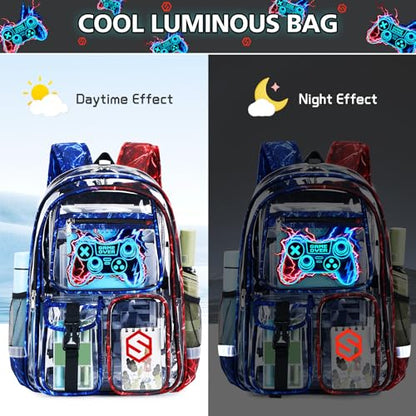 DIGOBAY 3PCS Cool Luminous Clear Backpack for Boys Kids, Gamer Clear Bookbag for School, See Through PVC Transparent Backpacks with Lunch Bag Pencil Case, Backpack Heavy Duty for School Stadium - color: Red-blue Lightning