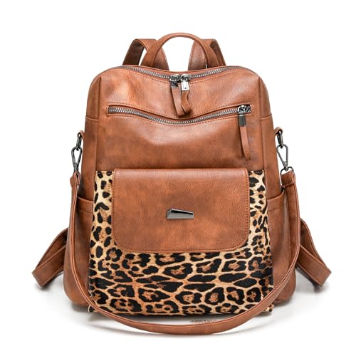 WYFJNX PU Leather Backpack Purse for Women Fashion Multipurpose Design Handbag Ladies Shoulder Bags Travel Backpack Brown with Leopard Print - color: Leopard