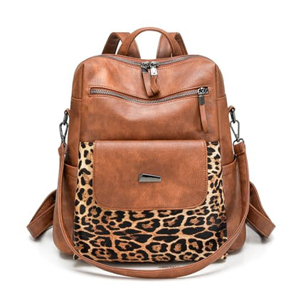 WYFJNX PU Leather Backpack Purse for Women Fashion Multipurpose Design Handbag Ladies Shoulder Bags Travel Backpack Brown with Leopard Print - color: Leopard