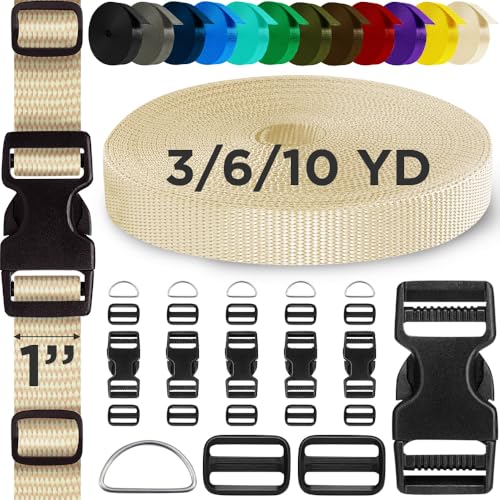 TECEUM Buckles & Strap Kit – 1" Cream Nylon Webbing 6 (yd) – 6 Heavy Duty Adjustable Plastic Buckles – 12 Tri-Glide Slide Clips – 6 Metal D-Ring – Ideal Straps for Arts Crafts Outdoors Indoors DIY - color: Cream, size: 1" - 6 yards, style: 6 Buckle - 12 S