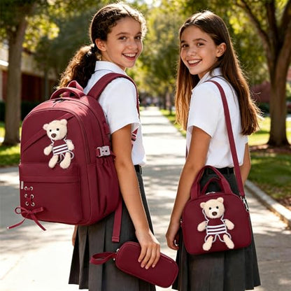 ACESAK School Backpack for Girls - 3 PCS Cute Girls Backpack with Lunch Box & Pencil Case - Kawaii Casual Kids Bookbag School Bag Daypacks Set for Elementary Middle High School Student Teens (Red) - color: Red