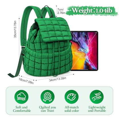 Quilted Puffer Backpack for Women Lightweight Soft Puffy Backpack Purse Casual Daily Drawstring Flap Daypack (Dark Green) - color: Dark Green