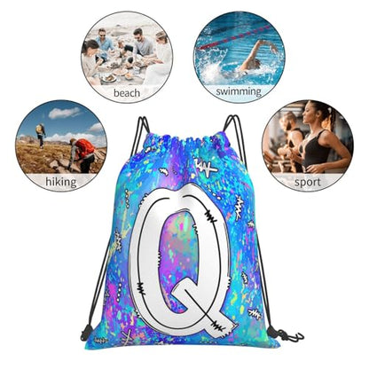 Drawstring Backpack Bag Sport Gym Sackpack Initial Blue Draw String Cinch Bags Bulk String Backpack Storage Bag for Women Men Letters Q - color: Letters Q