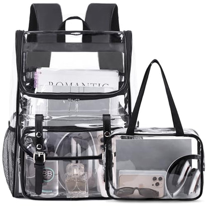 DIGOBAY Clear Backpack with Lunch Bag Set, Leather Clear Backpack Heavy Duty Thick PVC Bookbag Large See Through Transparent Backpacks with Support Pad for Women Men College Work Black - color: Black